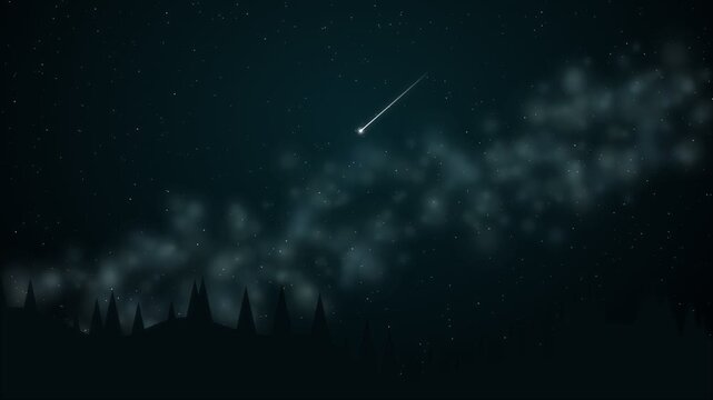 A shooting star streaks across the night sky above a silhouetted forest and the Milky Way galaxy