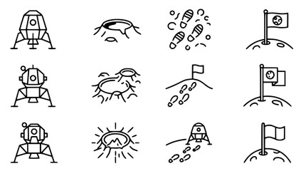Space Exploration Icons: Lunar Lander, Craters, Footprints, Flag © Roti