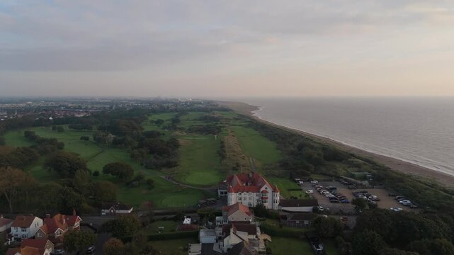 Aerial view of coastal village at dusk