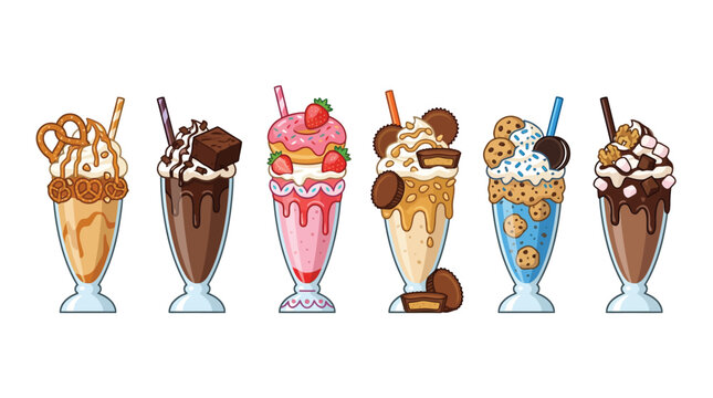 Gourmet Milkshakes Collection with Extravagant Toppings: Pretzel, Brownie, Donut, Peanut Butter, Cookie, and S'mores Illustrated Vectors