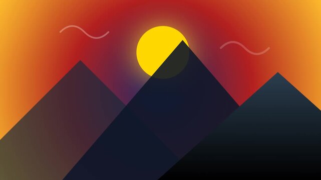 Minimalist Sunrise Animation Behind Dark Mountains Vector Illustration