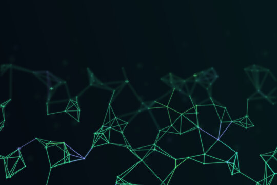 A web of glowing green wireframe polygons stretches over a deep dark backdrop, suggesting connectivity and innovation for dashboards, tech ads, and event visuals.