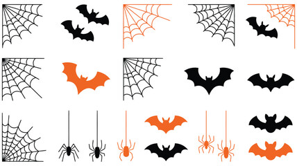 Fototapeta premium halloween spider web corner borders, spooky bat silhouettes and hanging spider icons, 15 decorative vector elements for holiday design isolated png with transparent background.