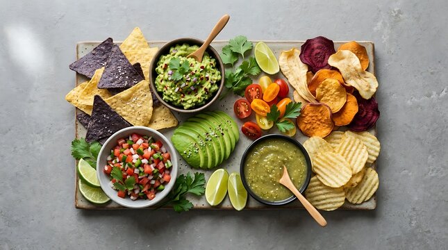 Mexican food platter with colorful tortilla chips guacamole salsa and fresh sliced avocado. chip platter ideas