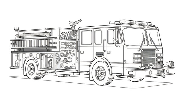 American Pumper Fire Truck Line Art Illustration Isolated on White Background for Coloring Book Page
