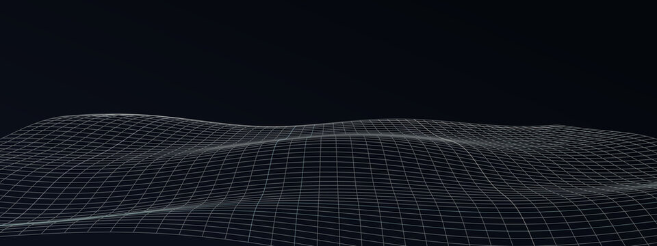 A dark, cinematic scene shows a glowing wireframe grid forming rolling wave shapes, conveying technology, motion, and depth for science and motion graphics.