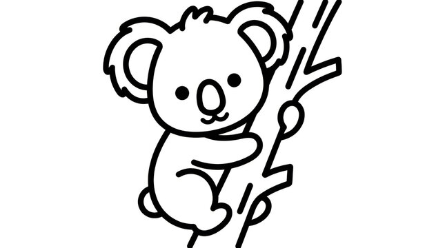 Cute baby koala hugging a tree branch, minimalist black and white line art illustration for children's coloring book and nursery decor