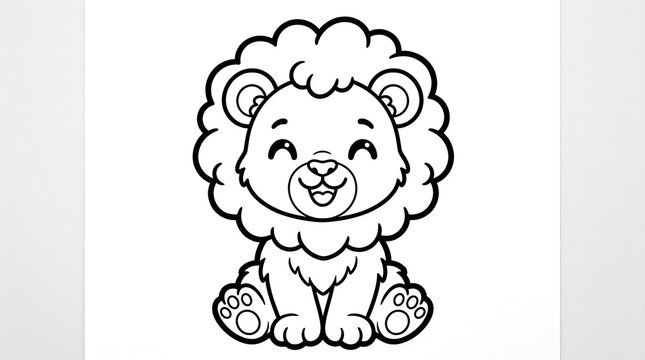 Cute baby lion sitting, simple black and white line art illustration for coloring book page