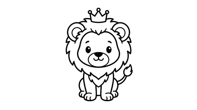 Cute Baby Lion Wearing a Crown, Minimalist Black and White Line Art Illustration for Kids
