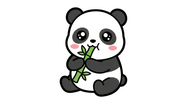 Cute baby panda eating bamboo stalk, kawaii vector illustration isolated on white background for nursery decor