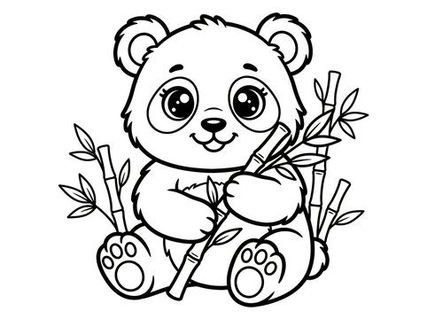 Cute baby panda holding bamboo stalk, black and white line art illustration for coloring book page