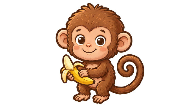 Cute baby monkey holding a yellow banana, cartoon style illustration isolated on white background for children