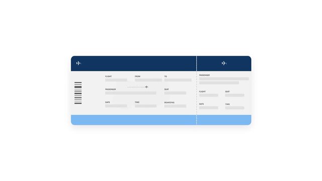 Blank Airplane Boarding Pass Template Animation with Clean Blue Design on White Background, Perfect for Travel Booking and Tourism Concepts