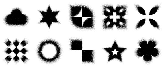 Naklejka premium Gradient texture of snowflake, noise triangle, blurring of dotted grainy square. Burst of circles for checkered airbrush pattern, sun cloud star y2k shape. Half tone diamond, ring flower cloud logo