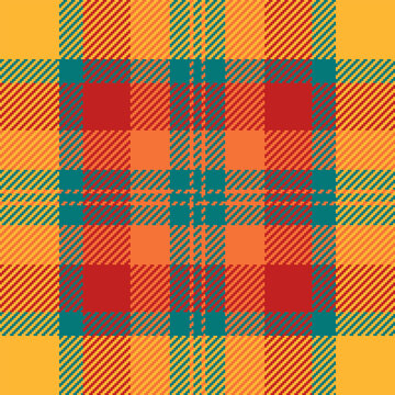Vibrant plaid pattern with a woven fabric texture and clear check layout. Orange, red and teal tones create a seamless textile surface with lively visual energy for fashion textiles.