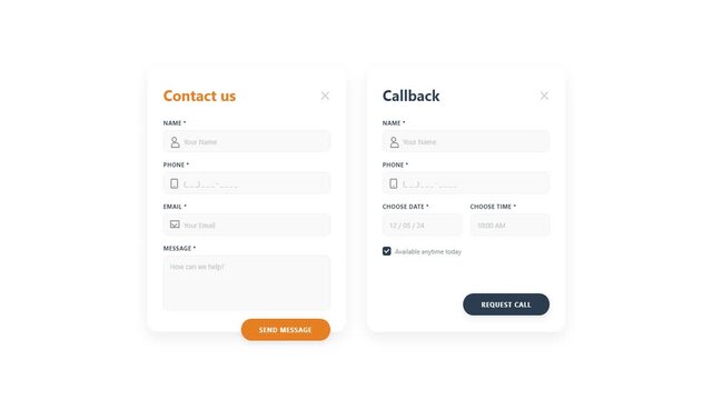 Clean Modern Contact Us and Callback Web Form UI Animation, Minimalist Website Interface Design with Input Fields and Buttons, 4k Motion Graphics Footage