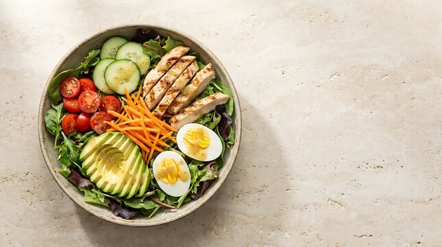 Healthy salad bowl with grilled chicken, avocado, boiled egg, cucumber, and fresh vegetables. chef s salad