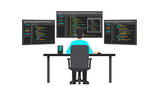 Software Developer Coding at a Modern Workstation with Multiple Monitors Flat Illustration