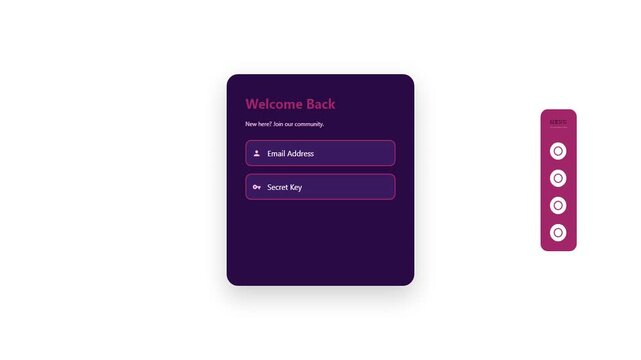 Modern User Interface Animation of a Dark Purple Login Form with Welcome Back Text and Side Menu Icons for Website and App Design Projects
