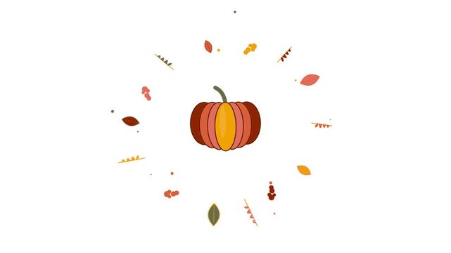 Animated autumn leaves swirling around a pumpkin during seasonal celebrations with clean motion graphics