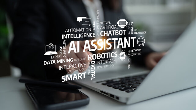 A business professional engages with a laptop, showcasing an AI assistant concept. Various technology keywords highlight the evolving landscape of digital advancements and automation. Tessel