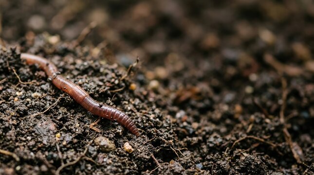 A reddish-brown earthworm crawls across dark, moist soil. The worm moves slowly through the rich, earthy texture of the ground.