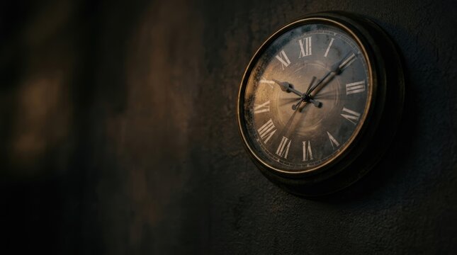 A vintage wall clock hangs on a textured wall in a dimly lit room. The clock face displays Roman numerals and the hands are pointing to a time.