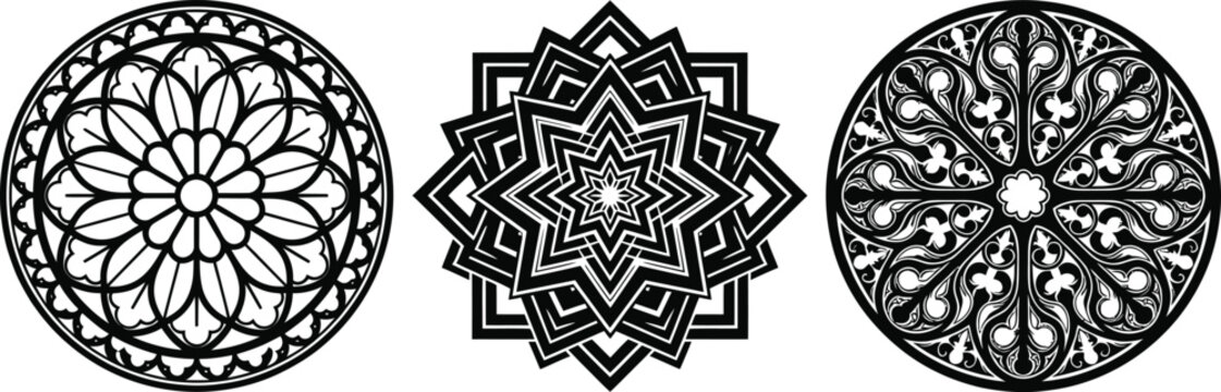 Set of gothic rose window silhouettes and geometric star mandala patterns isolated on white background.