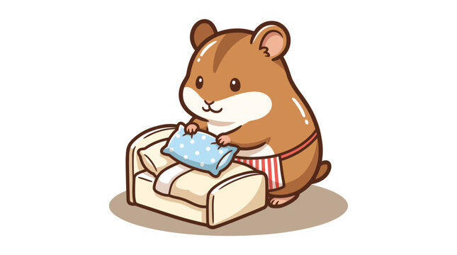 Professional illustration of a hamster wearing an apron tidying a bed representing care, empathy and home comfort.