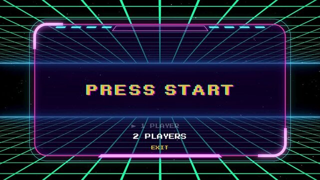 Start a new game by selecting a player or exiting the game's main menu With Retro style 80s video game background.