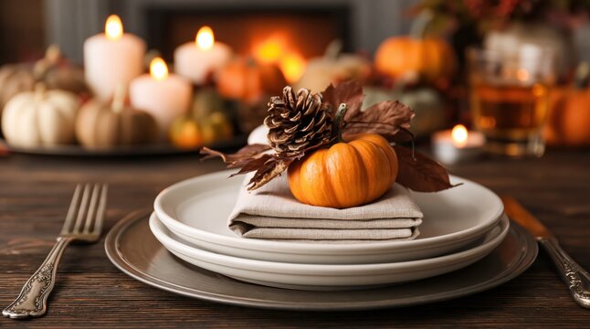Thanksgiving table setting with rustic autumn decor pumpkin and pinecones by a warm fireplace