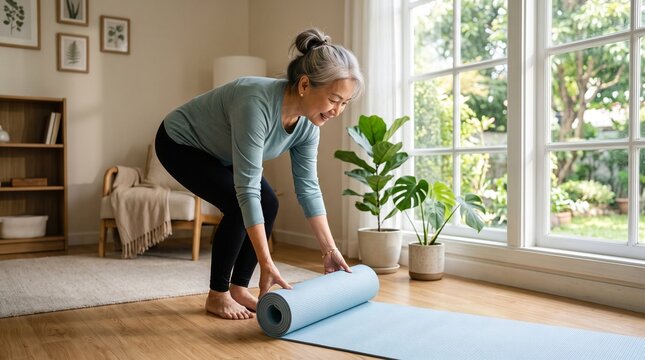 Asian senior woman unrolling a yoga mat for exercise at home with natural light from large windows