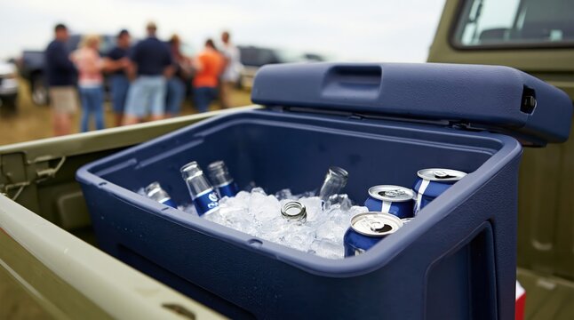 Cooler filled with ice and beer cans on a truck at a summer outdoor party for social refreshment