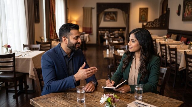 Business meeting between a man and a woman in a restaurant discussing plans and taking notes