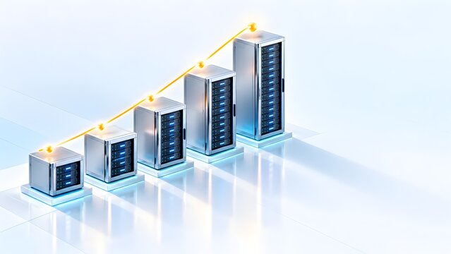Rising bar graph made of server racks with glowing upward trend lines symbolizing data center scaling and IT infrastructure growth