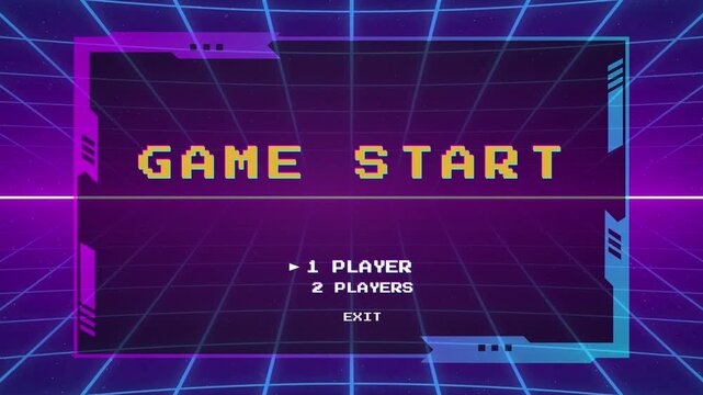 Start a new game by selecting a player or exiting the game's main menu With Retro style 80s video game background.