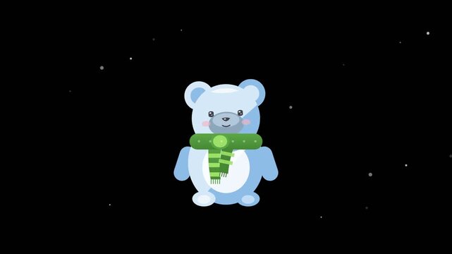 Cute cartoon winter polar bear character wearing green scarf standing in seamless 2D animation loop with falling snow particles on minimal dark black background