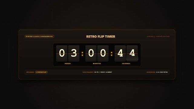 Retro digital flip clock timer showing hours minutes and seconds against dark background.