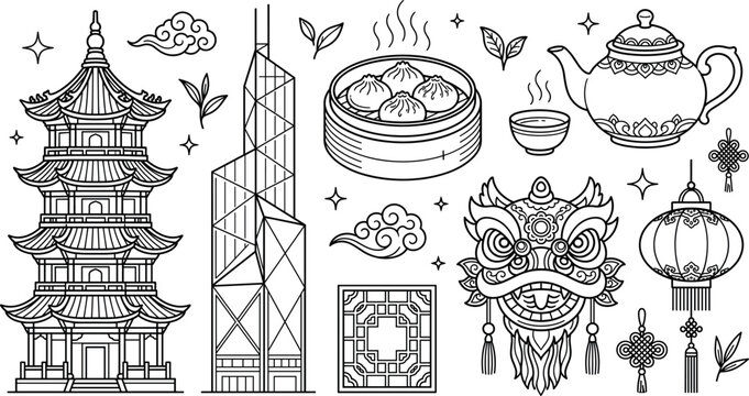 Hong Kong vector elements set featuring traditional pagoda skyscraper dim sum teapot lion dance mask and lantern line art