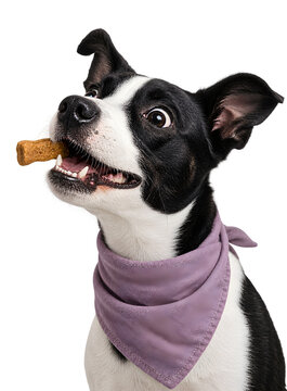 Playful Black and White Dog Holding Treat Wearing Purple Bandana