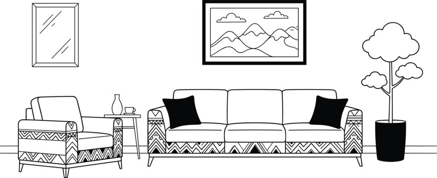 Scandi style living room interior line art vector background with tribal pattern sofa armchair and mountain artwork.