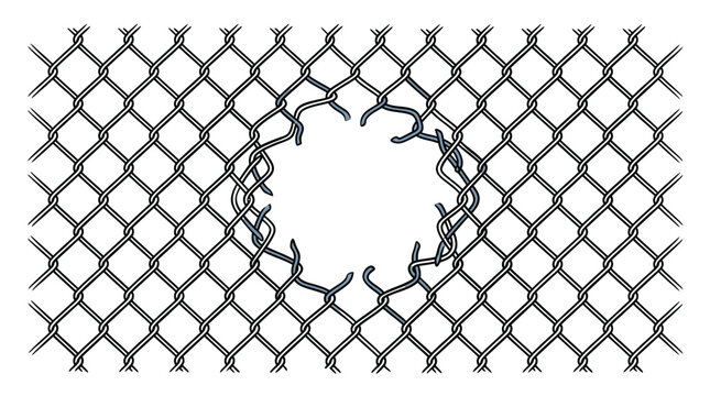Broken chain link fence with a large hole in the center against a white background, ideal for security breach articles, freedom concept designs and prison break illustrations