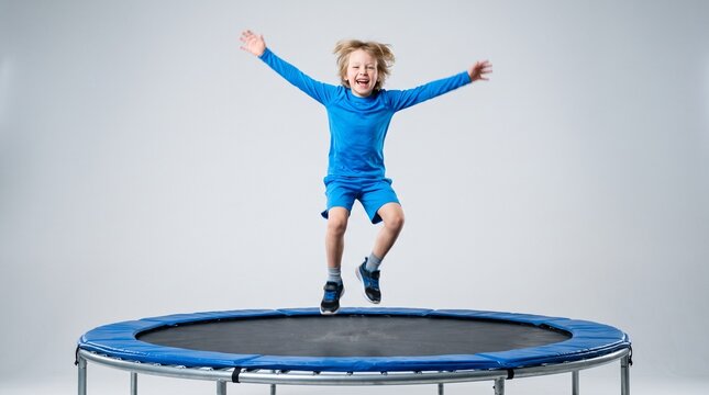 Happy Little Boy Jumping High on a Trampoline with Arms Wide Open