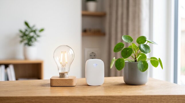 Glowing LED bulb and smart home device on a wooden table in a bright