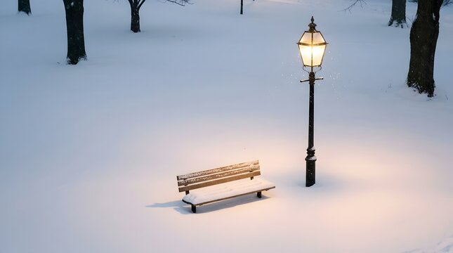 Empty wooden bench under a glowing streetlamp in a snow covered park during cold winter night