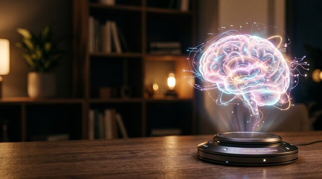 Advanced Artificial Intelligence Concept Featuring A Glowing Digital Human Brain Hologram Projection On A Wooden Desk
