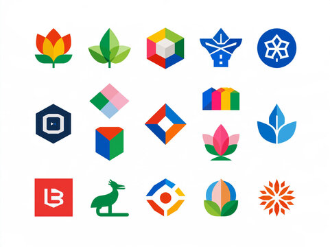 Collection of colorful geometric logo icons

Set of 17 modern flat vector logo designs featuring flowers, leaves, cubes and abstract shapes in vibrant colors on white background. 