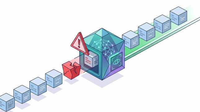 Isometric vector technology illustration showing data blocks on a conveyor passing an AI scanner core that flags flawed red data blocks with a warning icon while approving valid blocks.