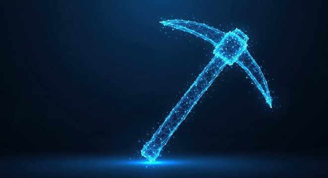 Blue digital pickaxe icon on dark background illustration