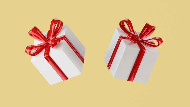 Double 3D floating White gift box with Red ribbon on Beige based background color. 3D modeling object